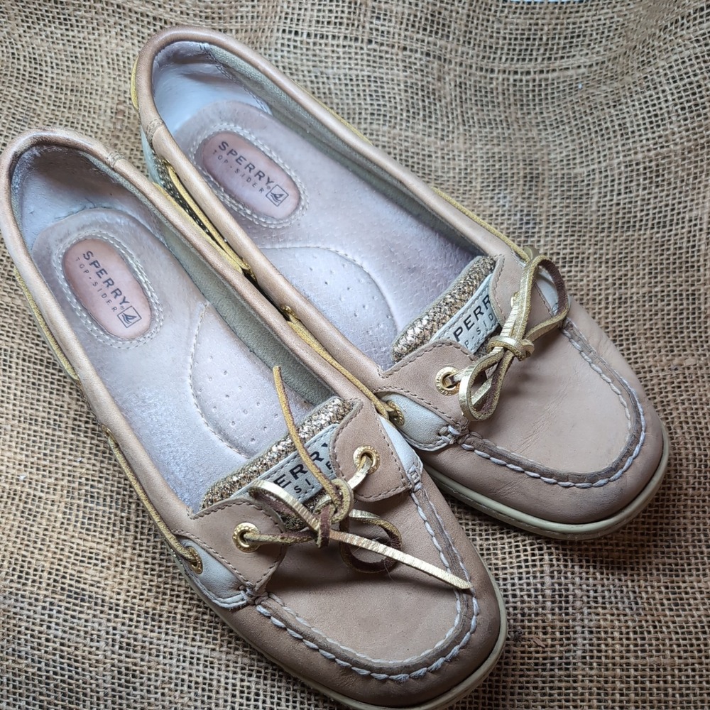 Women's Sperry Top Sider 9101759 Tan w/ Gold Sparkle Boat Shoes - Size 8